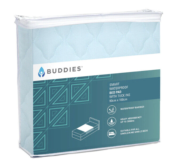 BUDDIES SMART Waterproof Bed Pad W Tuck Ins Single / King Single 90 x 100cm NEW