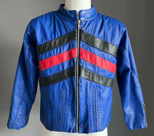 Boys CLAUDE Cobalt Blue Pleather  w Red & Black Stripe Moto Style Jacket Size 4