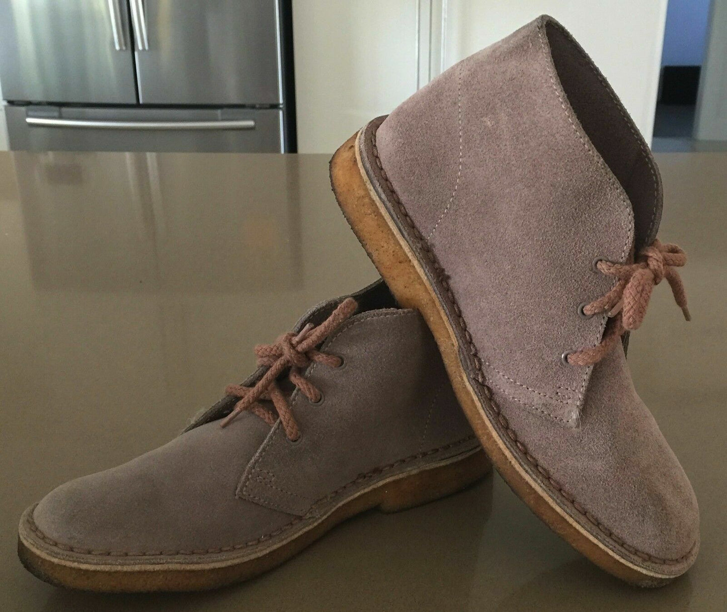 CLARKS Desert Boots Junior Taupe Suede Leather Sz 2E Shoes Lace up Ankle Boots