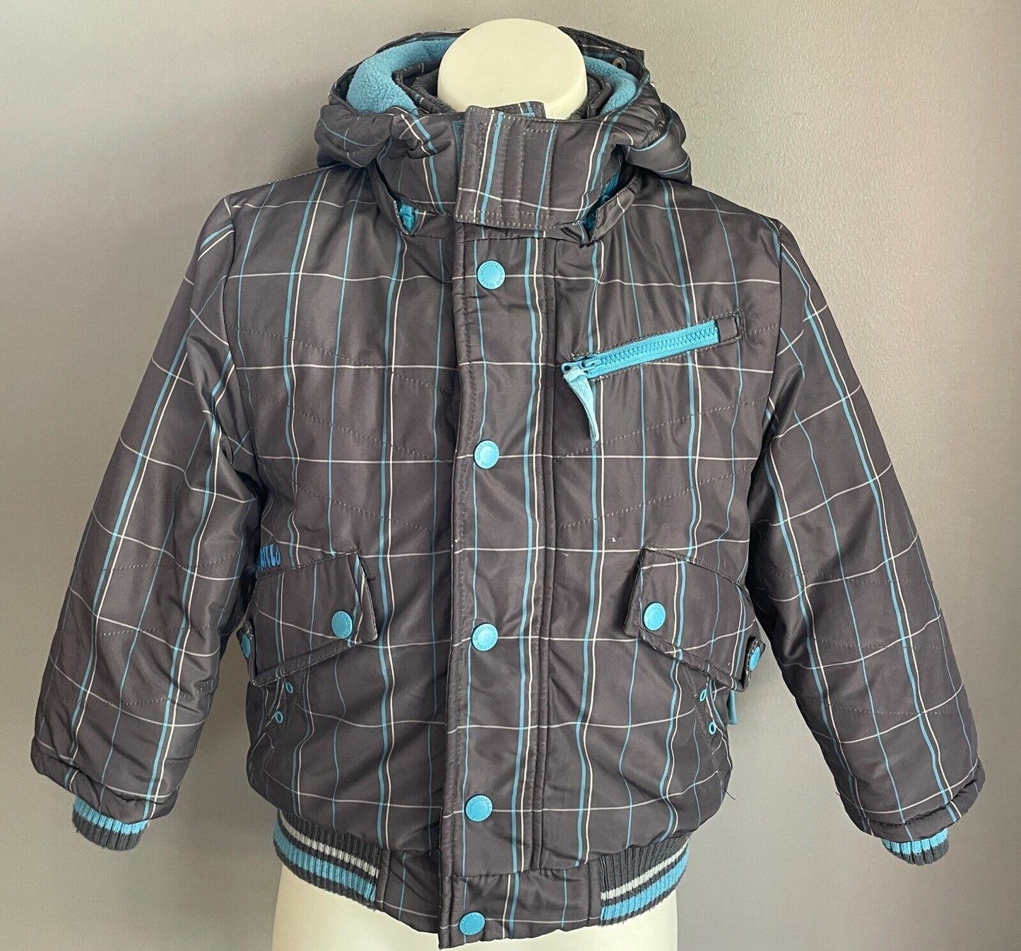 COCCODRILLO Boys Jacket Grey Blue White Check Size 4 Insulated Thick Warm PARKA