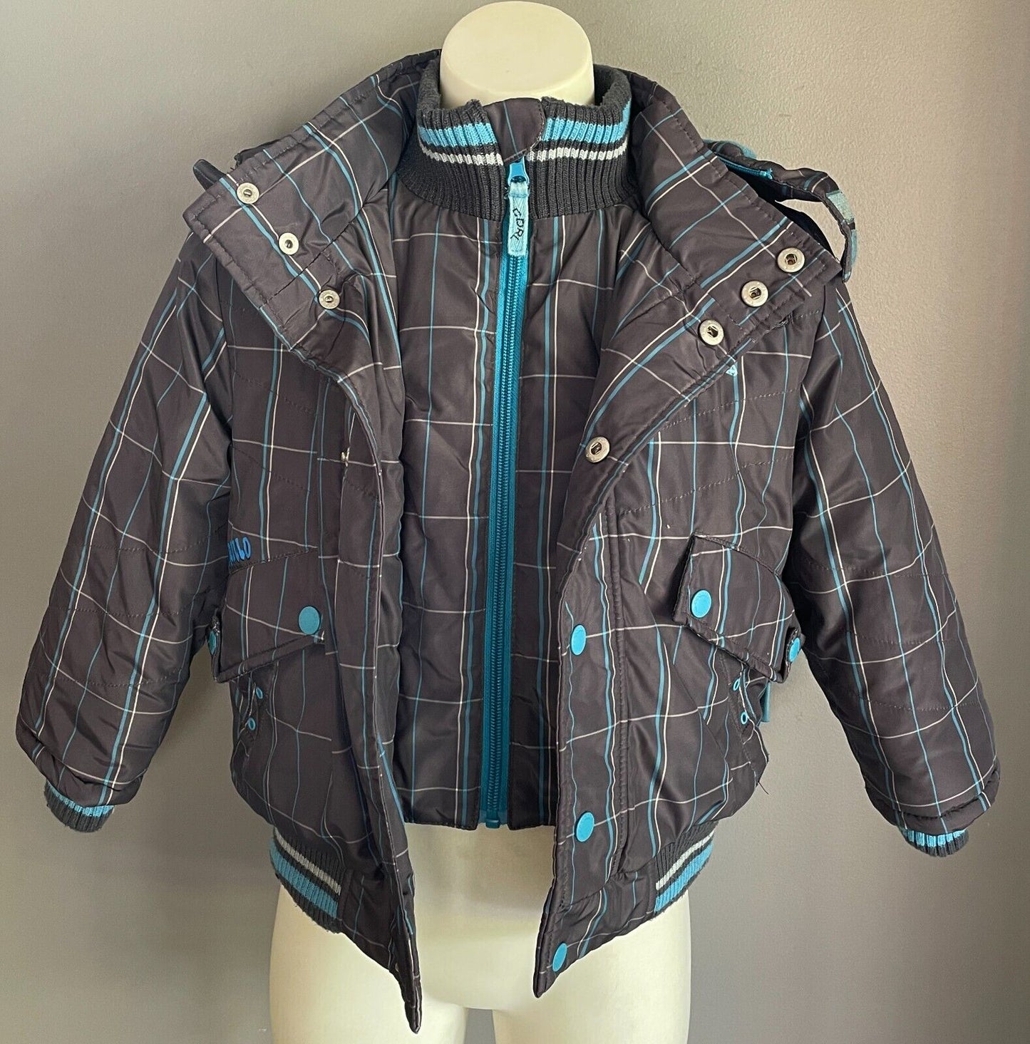 COCCODRILLO Boys Jacket Grey Blue White Check Size 4 Insulated Thick Warm PARKA