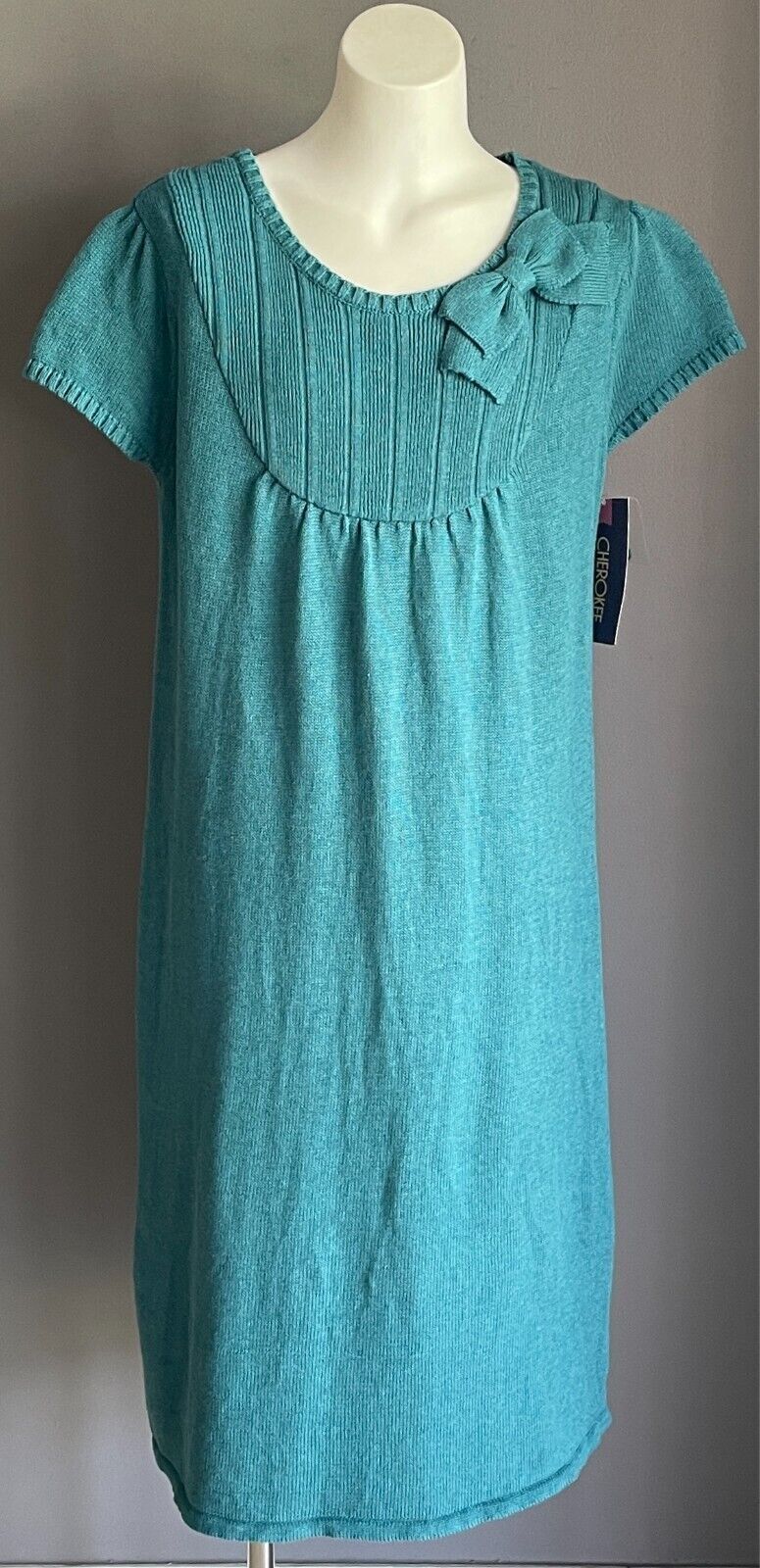 CHEROKEE Teal Knit Sweater Dress Bow Trim Cap Sleeves Teen Girl Size XL/14 - 16