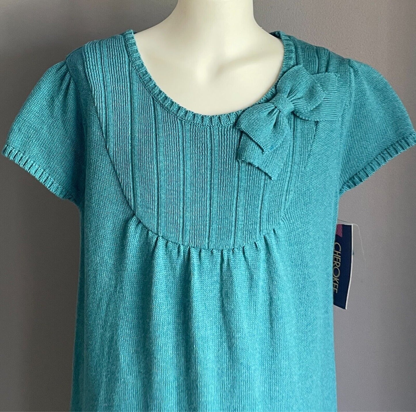 CHEROKEE Teal Knit Sweater Dress Bow Trim Cap Sleeves Teen Girl Size XL/14 - 16