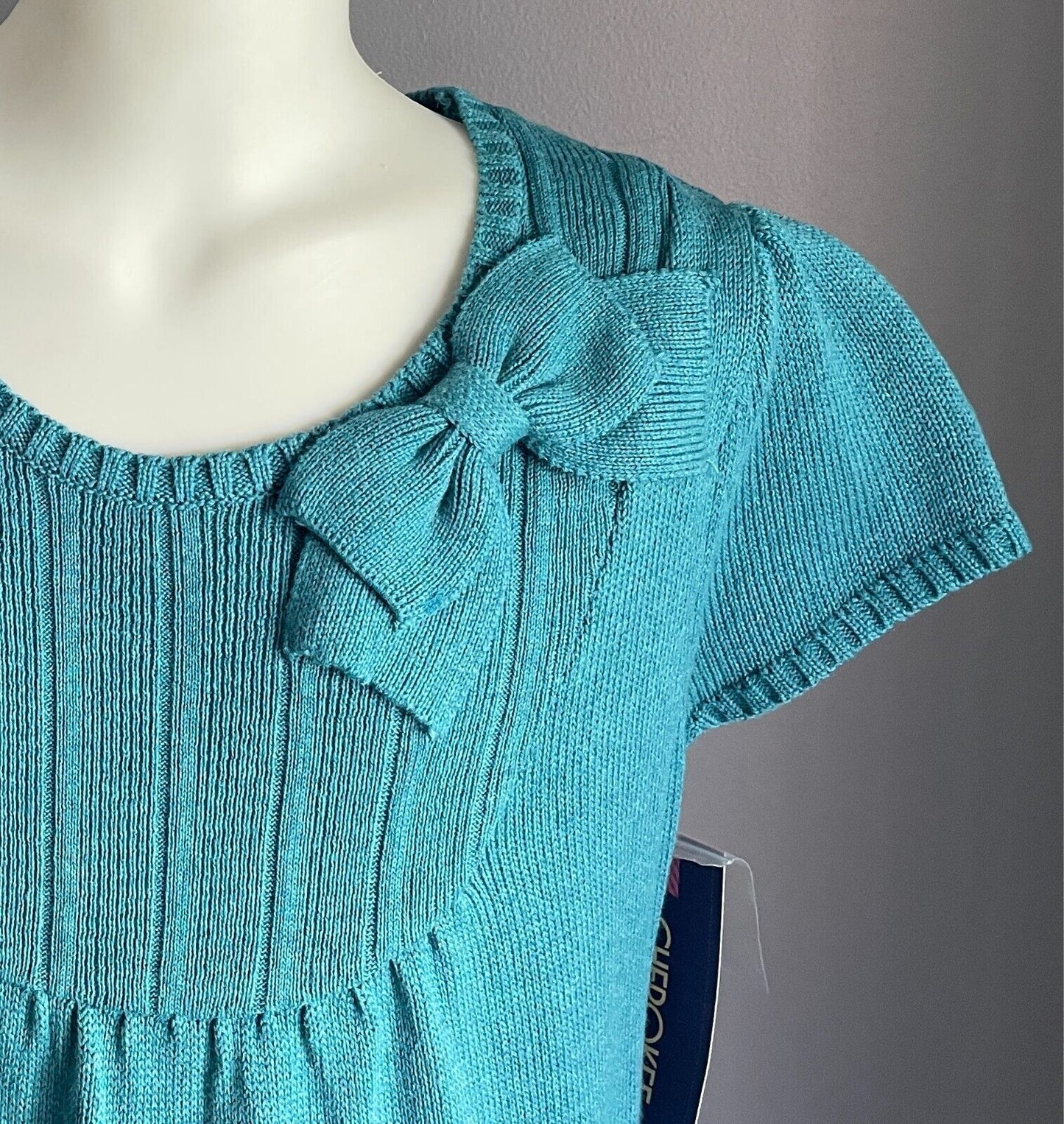 CHEROKEE Teal Knit Sweater Dress Bow Trim Cap Sleeves Teen Girl Size XL/14 - 16