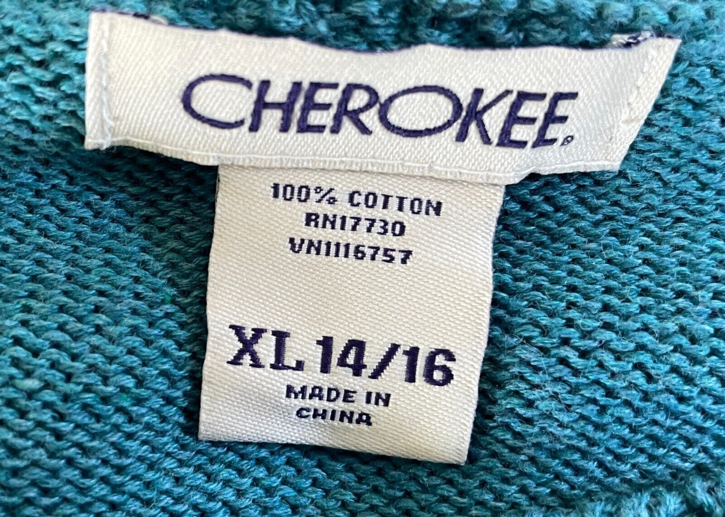 CHEROKEE Teal Knit Sweater Dress Bow Trim Cap Sleeves Teen Girl Size XL/14 - 16