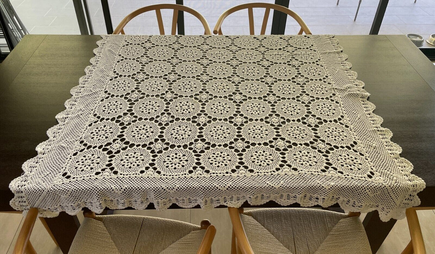 Crochet Lace TABLE CLOTH 1970s White Cotton Square (ish) Bedspread 140 x 147cm
