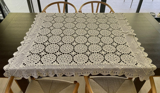 Crochet Lace TABLE CLOTH 1970s White Cotton Square (ish) Bedspread 140 x 147cm
