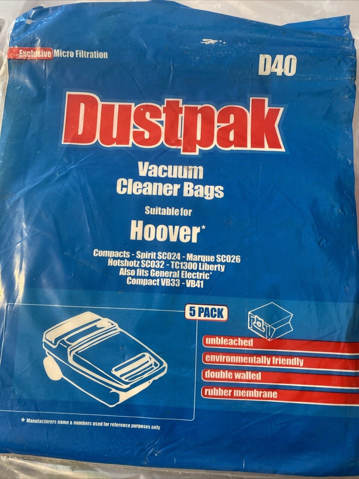 Dustpak D40 Vacuum Cleaner Bags x 5 Hoover & General Electric Dustbags NEW