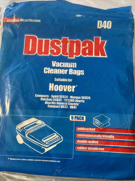 Dustpak D40 Vacuum Cleaner Bags x 5 Hoover & General Electric Dustbags NEW