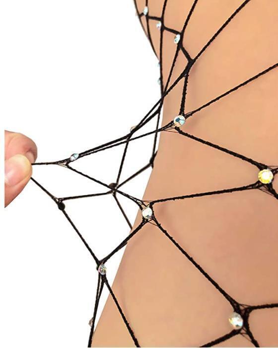 Fishnet Pantyhose Black Crystal Embellished Stretch Big Elastic Tights NEW