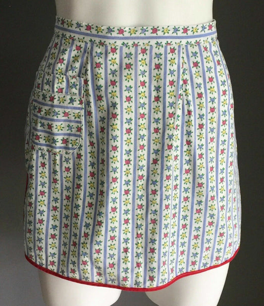 Girls Kitchen Apron Red Blue Yellow Rose Stripe Waist Tie Vintage Waist 16cm