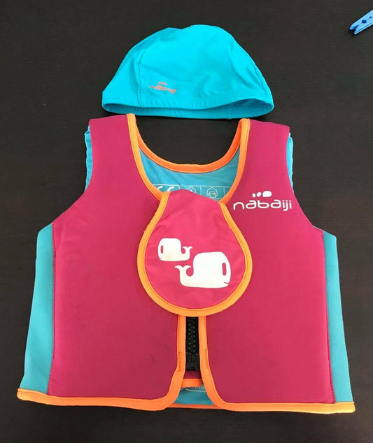 Girls NABAIJI Swim Vest & Cap Pink & Blue Foam Stretch Size M 18 30 kgs Buoyancy
