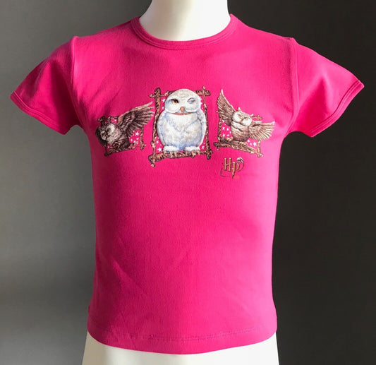 Girls Size 4 HP HARRY POTTER T Shirt Owl Print Hot Pink Short Sleeve NEW