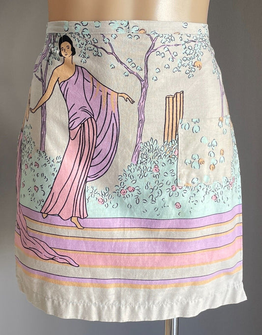 HALF APRON Vintage Handmade Pastel Colours Greek Goddess Print Waist Tie Sz 8 10