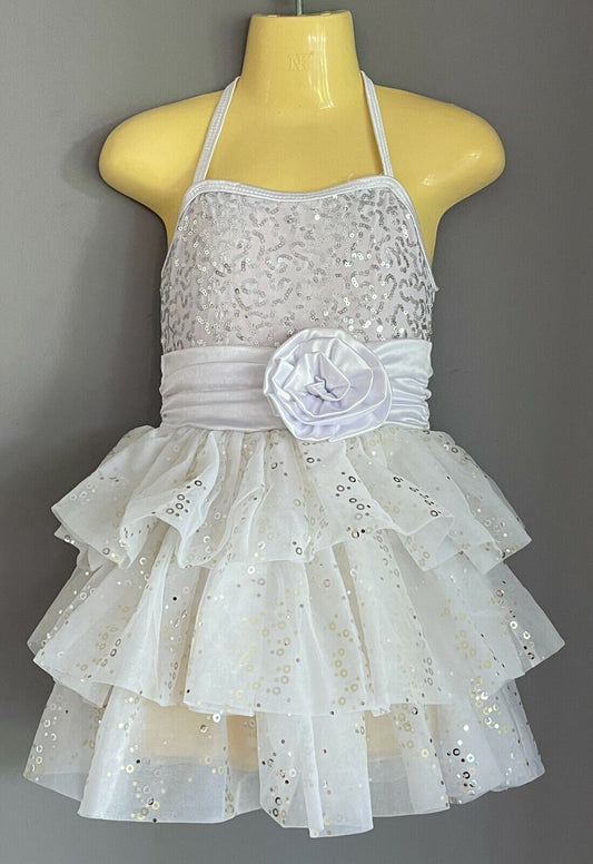 Girls WEISSMAN Tiered Dress White Silver Sequin Halter Neck Tulle Sz XS 4 5 Yrs