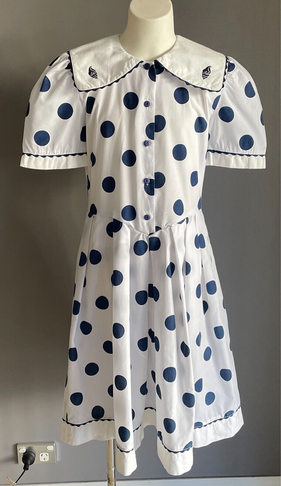 JESSE Sailor Dress White & Blue Polka Dot Girls Size 10 Collar Short Sleeves