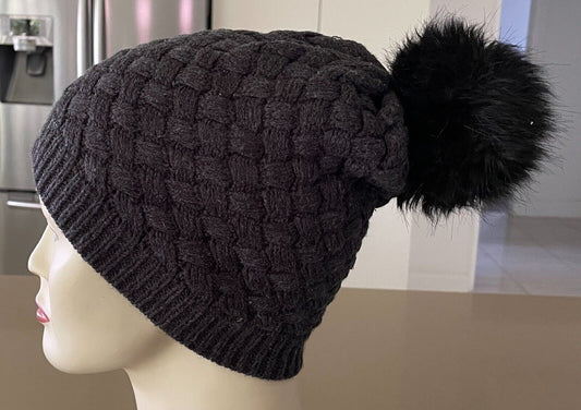 J CREW  Knit Beanie Charcoal Grey Thatched w Black Pom Pom Trim One Size