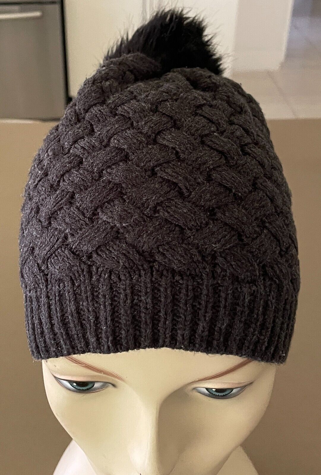 J CREW  Knit Beanie Charcoal Grey Thatched w Black Pom Pom Trim One Size