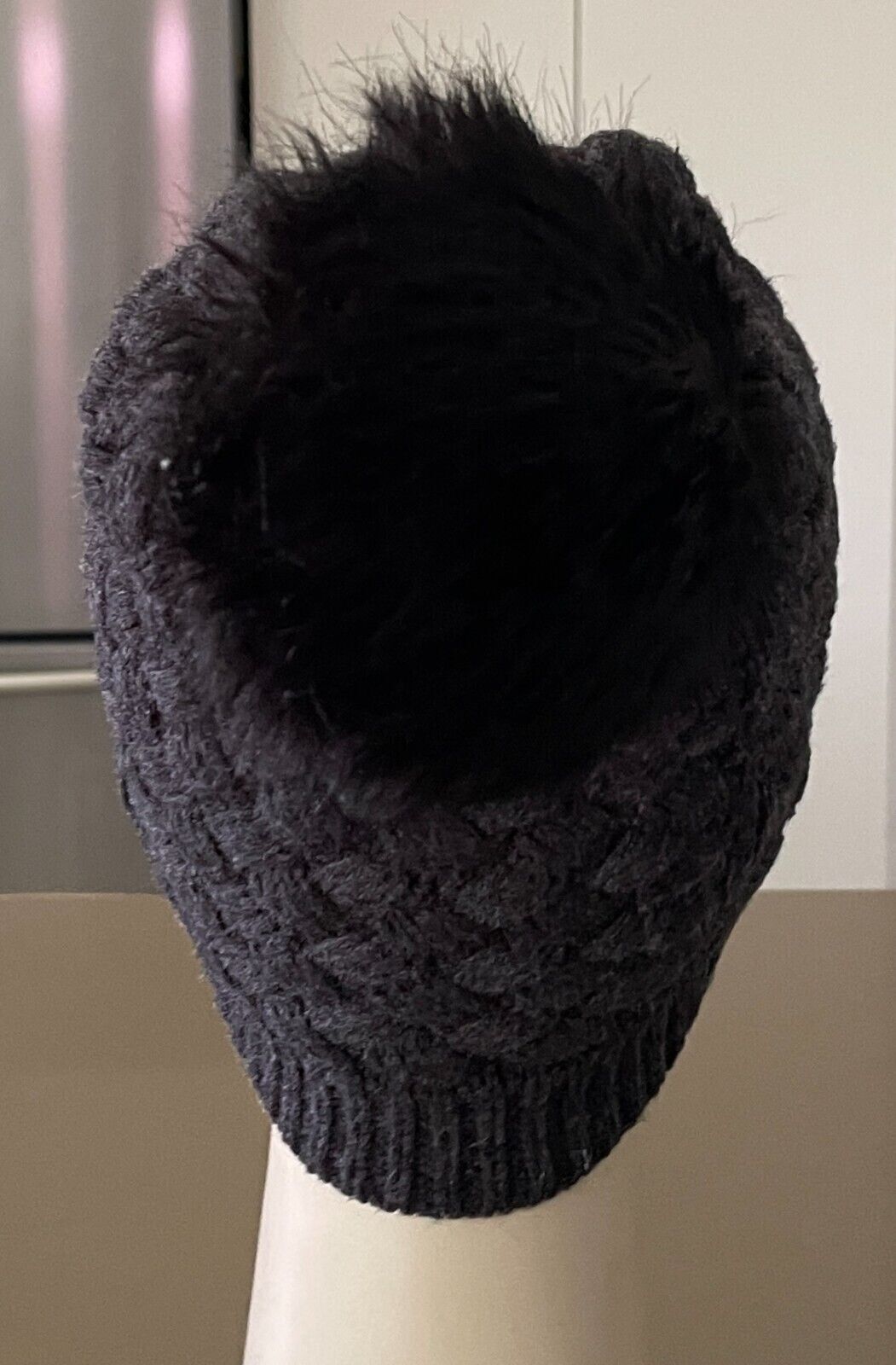 J CREW  Knit Beanie Charcoal Grey Thatched w Black Pom Pom Trim One Size