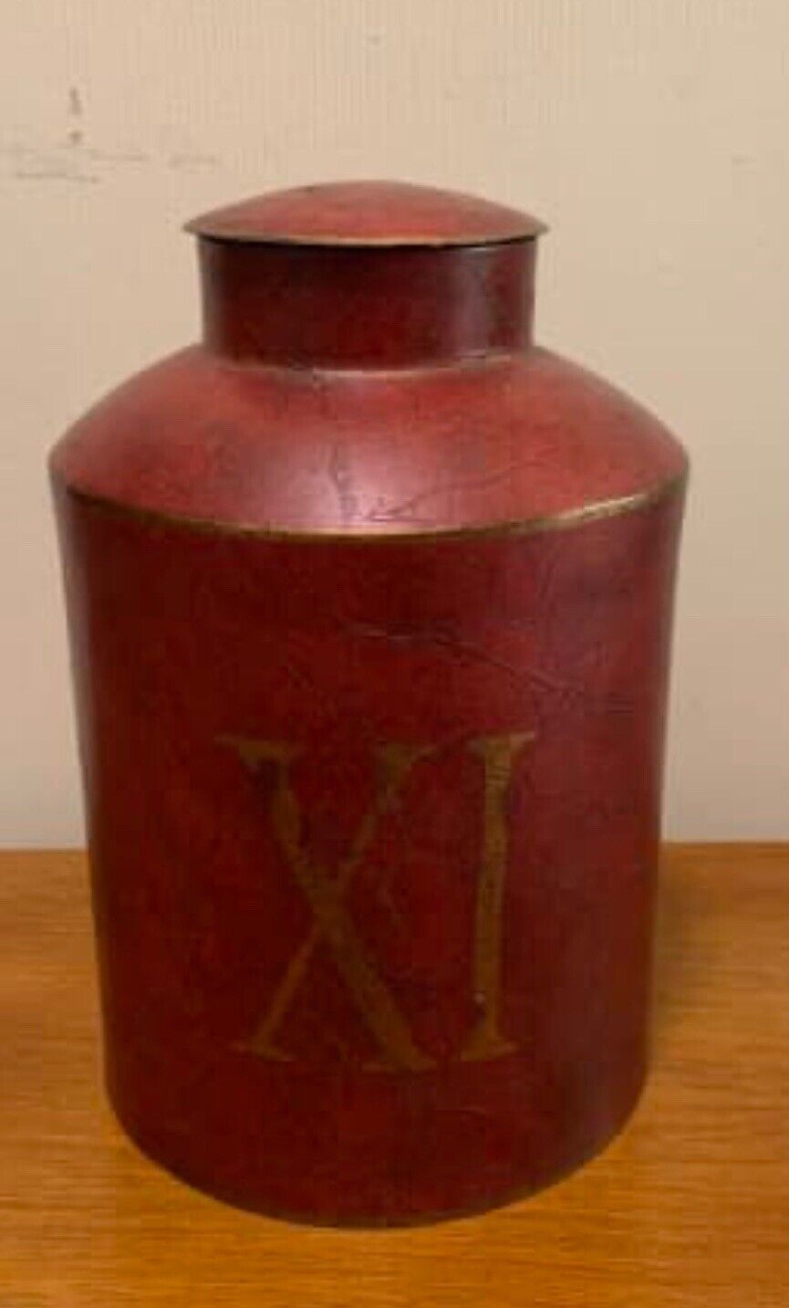 HORTON Provincial 27cm Metal urn canister w lid XI rustic red and old gold paint