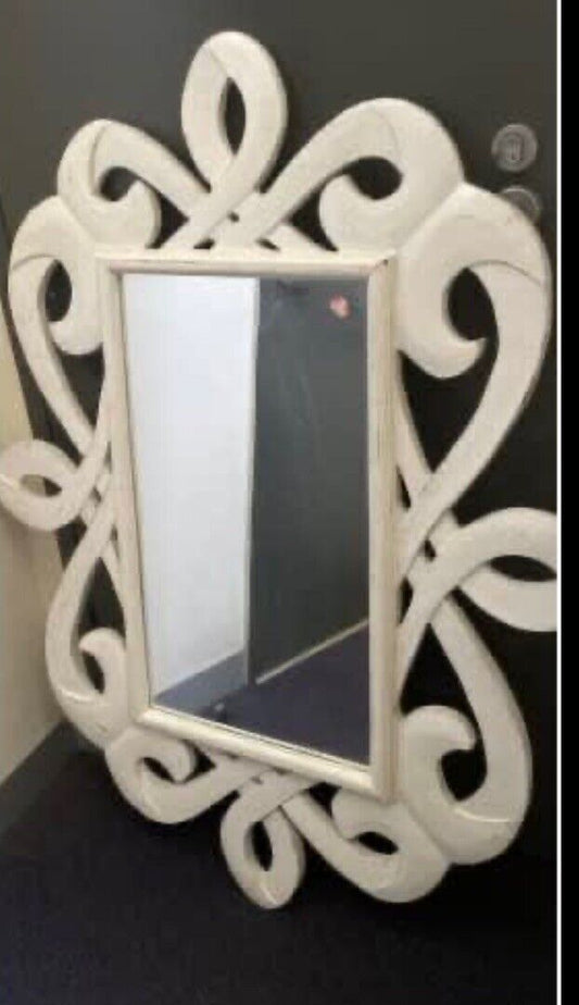 Large 125cm Vintage White Craft Wood Carved Wall Mirror Scroll Rustic Look AE293
