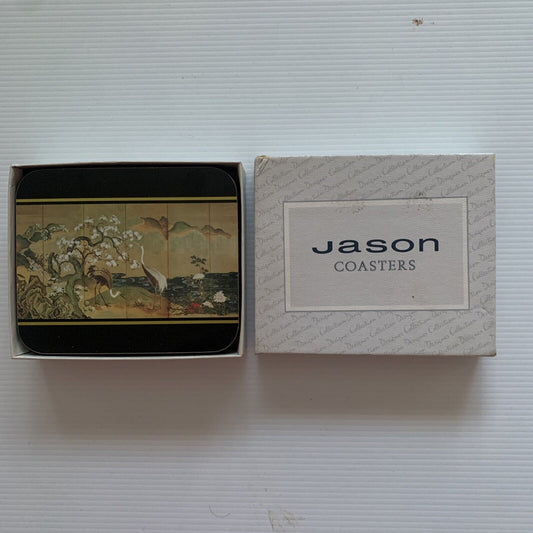 Jason Coaster Set Oriental Screens Crane Birds Cork Back Multicolor Original Box