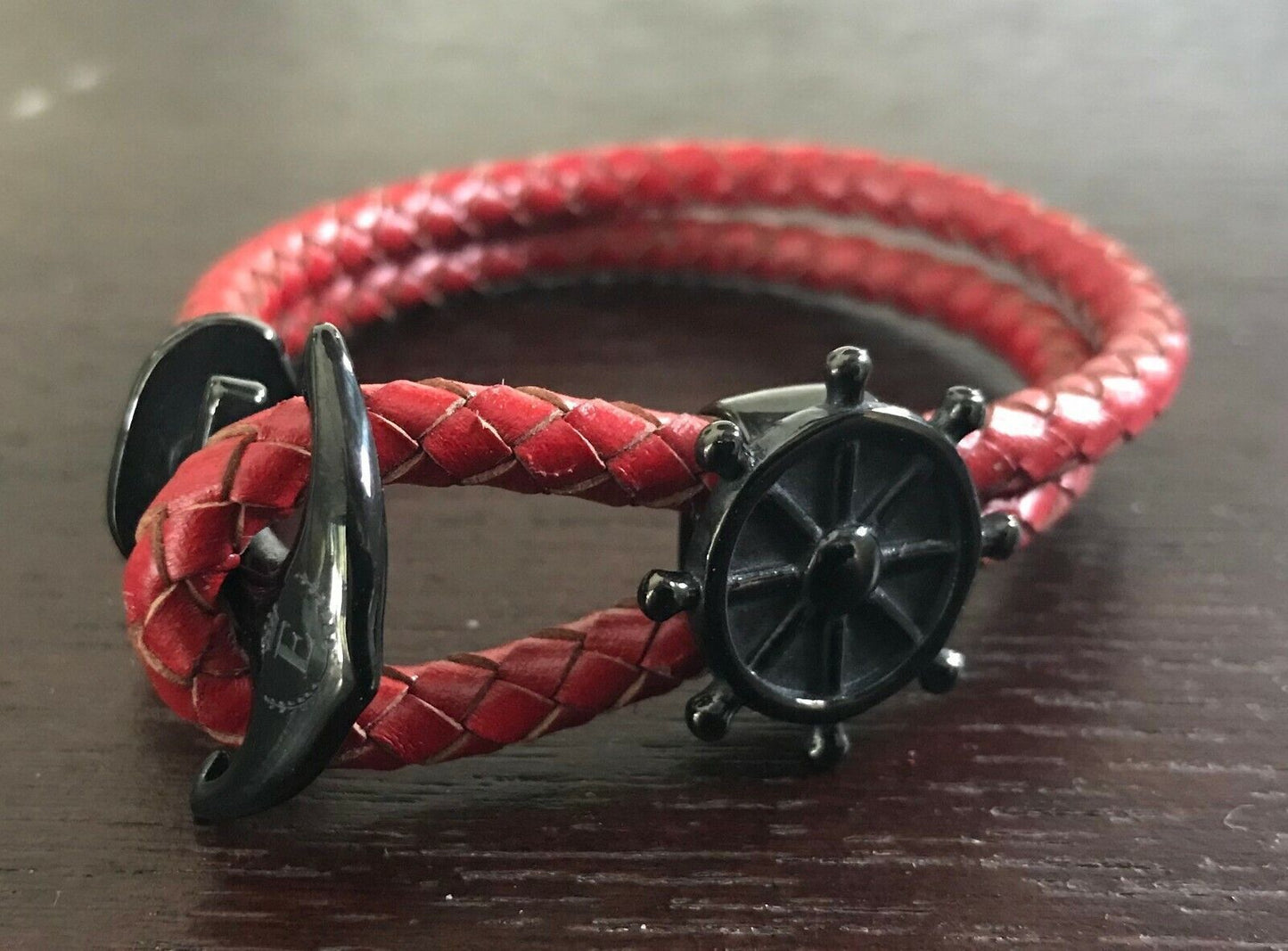 LORD EDWARD Bracelet Entwined Leather Charm Nautical Metal Anchor Red Double NEW