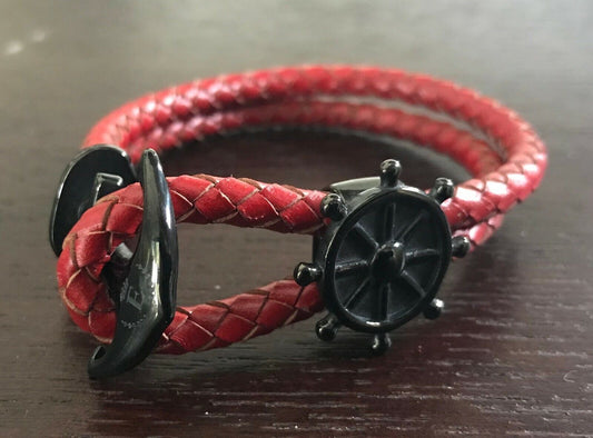 LORD EDWARD Bracelet Entwined Leather Charm Nautical Metal Anchor Red Double NEW