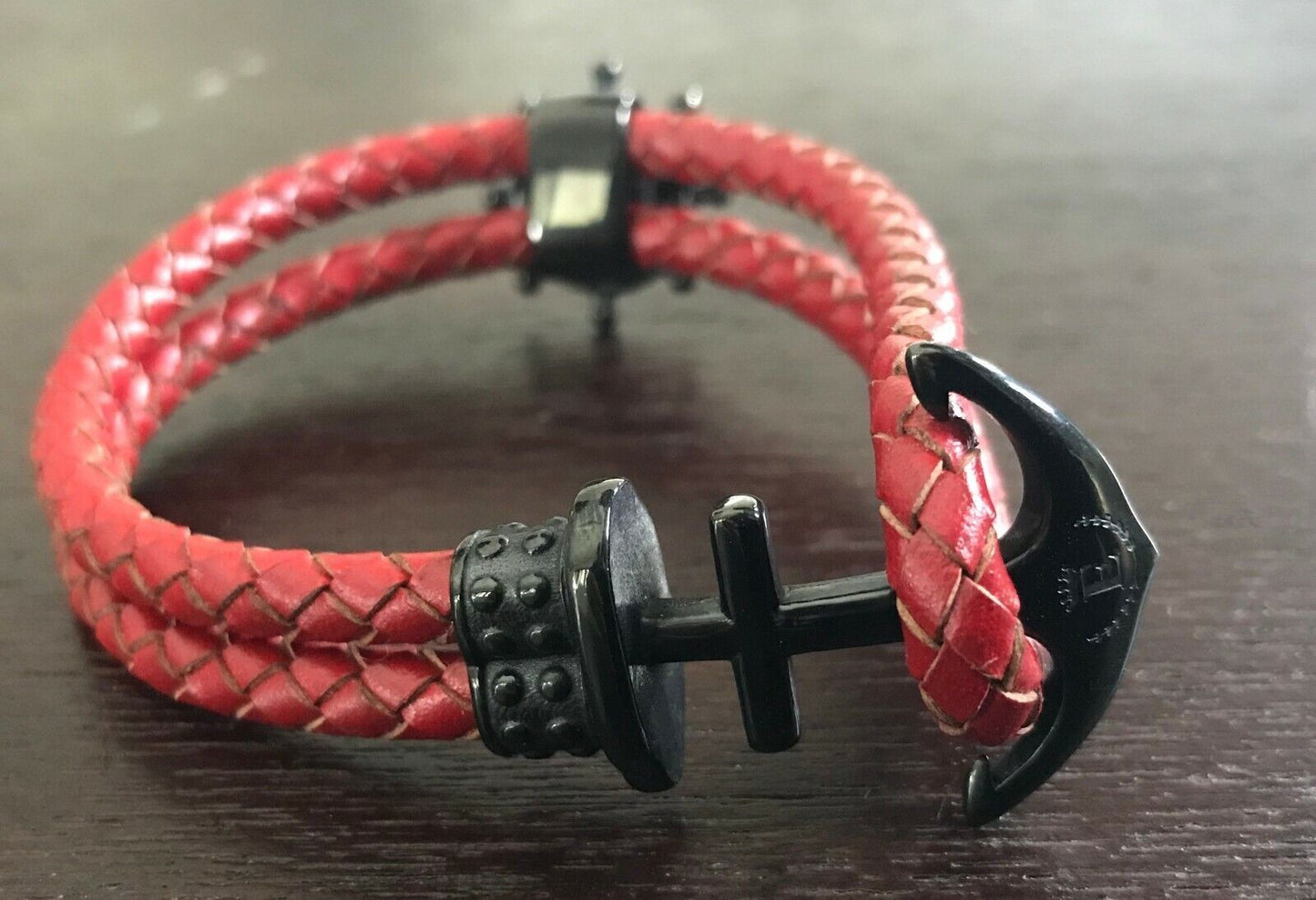 LORD EDWARD Bracelet Entwined Leather Charm Nautical Metal Anchor Red Double NEW
