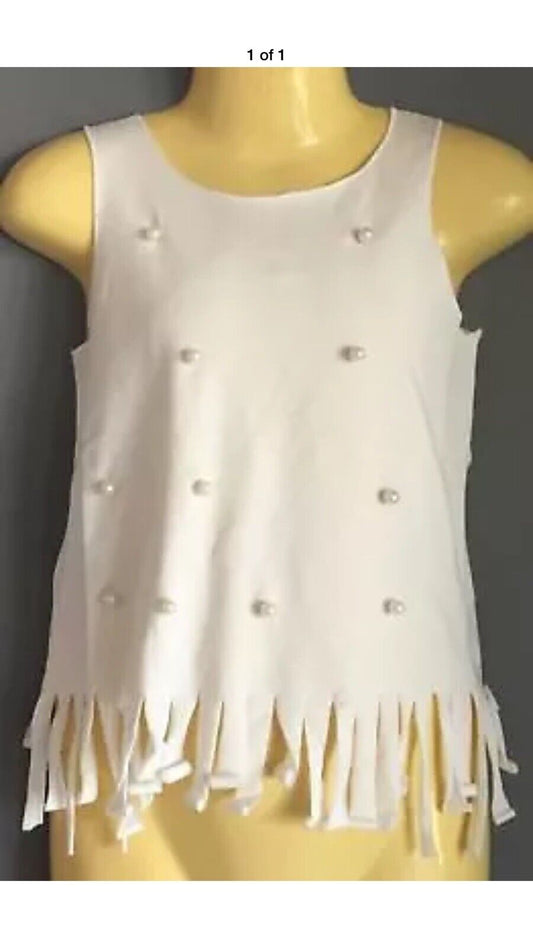 New Girls POPI AND TULIP Top White Sleeveless Pearl & Fringe Trim Sizes 3 4  7