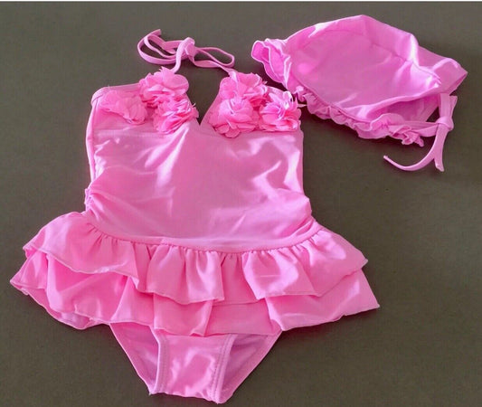 New Girls POPI AND TULIP One Piece Ruffle Pink Swimsuit & Swimming Bonnet 4 & 6