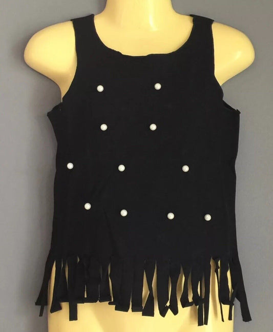 New Girls POPI AND TULIP Black Top Sleeveless Pearl & Fringe Trim Size 3 & 4