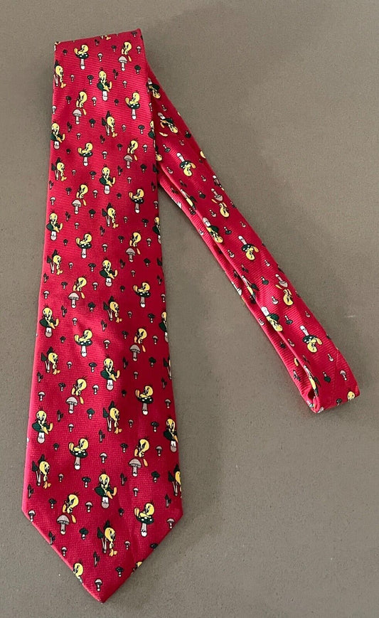 NeckTie LOONEY TUNES Red Tweety Bird & Mushroom Print Novelty Neck Tie
