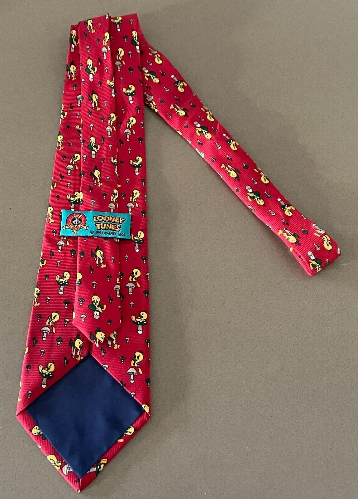 NeckTie LOONEY TUNES Red Tweety Bird & Mushroom Print Novelty Neck Tie