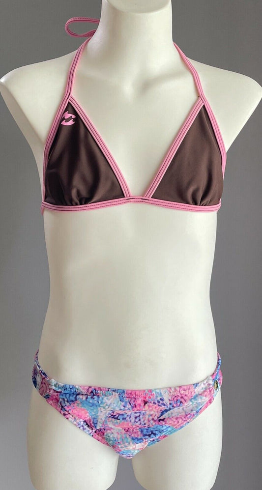 New Girls MAMBO Bikini Brown Pink & Multi Colour Print Triangle Set  Size 6 - 8