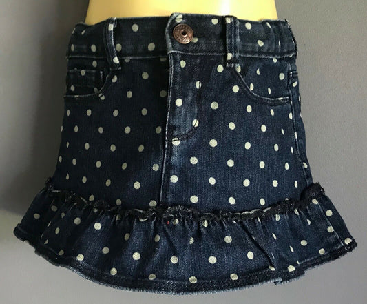 OSHKOSH Skirt Blue Denim & White Spot Ruffle Hem w Adjustable Waist Girls Size 3