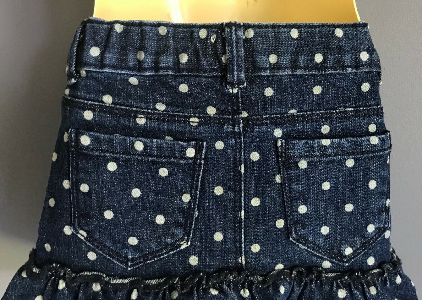 OSHKOSH Skirt Blue Denim & White Spot Ruffle Hem w Adjustable Waist Girls Size 3