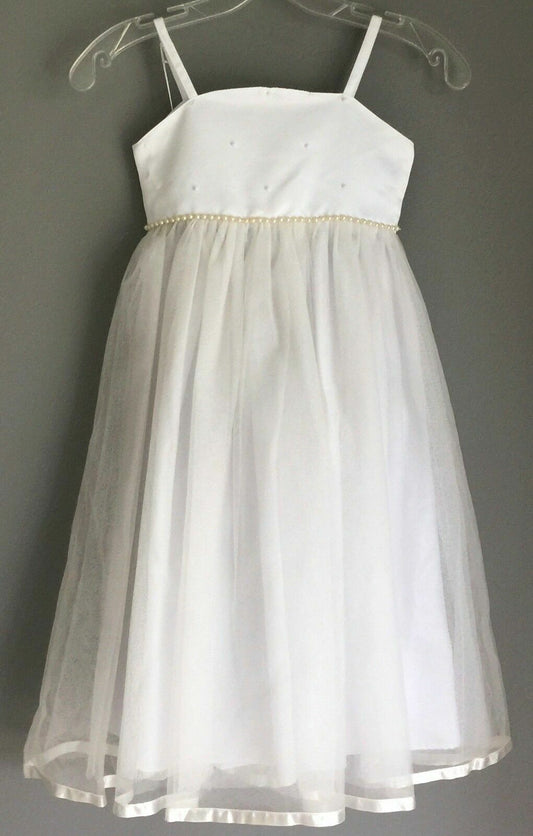Our Small World White Flower Girl Dress Tulle Pearl Formal Party Size 4 NEW
