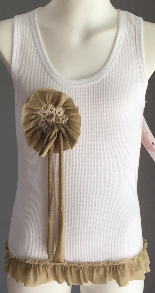New Teen Girl BUBBLES & BUTTERCUPS Tank Top White w Khaki Floral Trim Size 14