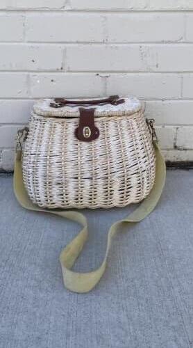 Picnic Basket White Wash Cane Saddle Bag Style 2 Person Hamper Shoulder Bag AE56