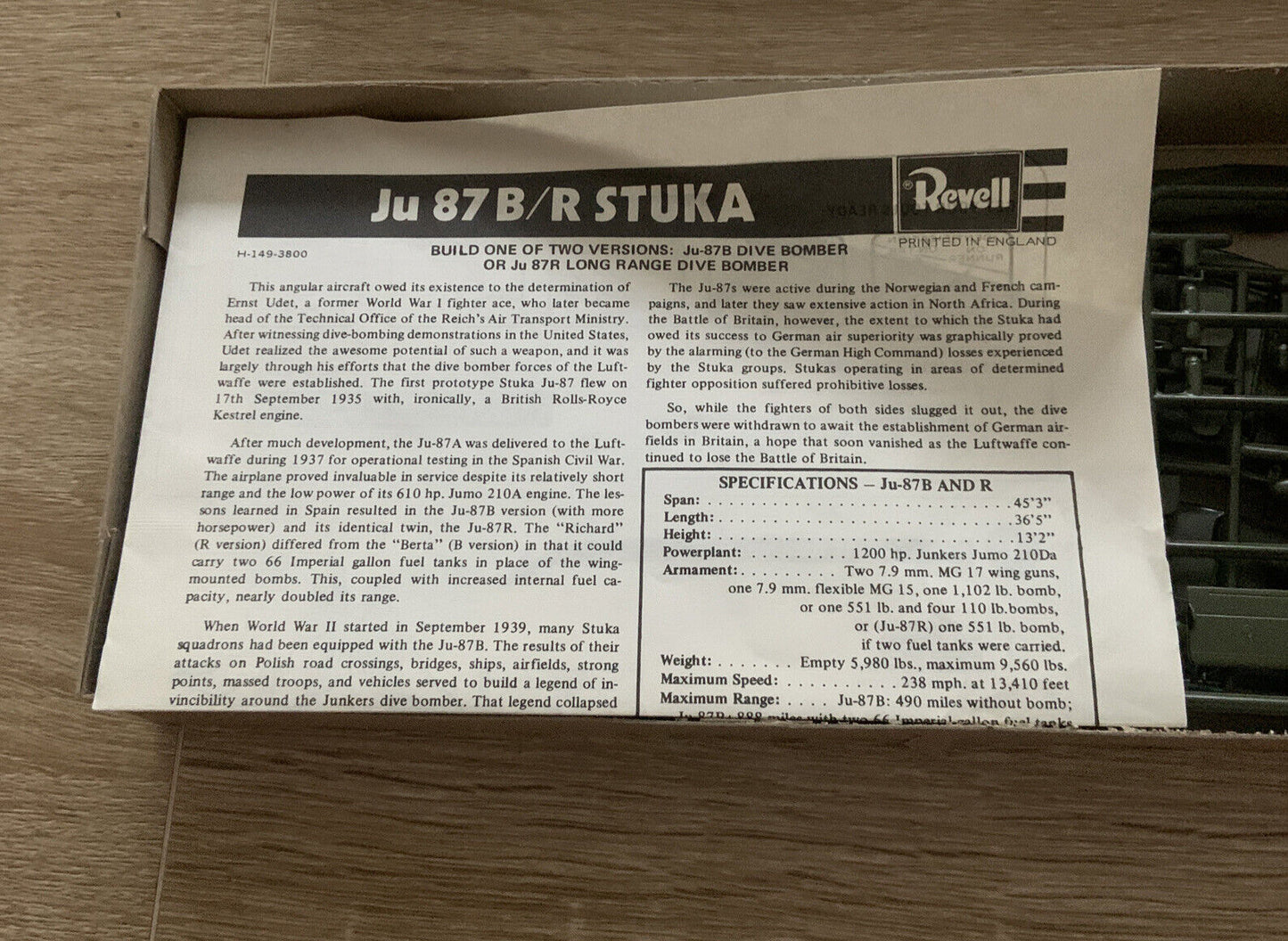 REVELL 1/72 Ju 87 B/R STUKA WW11 Dive Bomber Plastic Model Kit Opened Complete