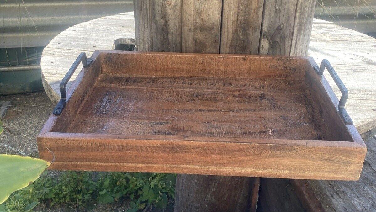 Rustic Serving Tray Wooden Bed Ottoman Table w Black Wrought Iron Handles E125