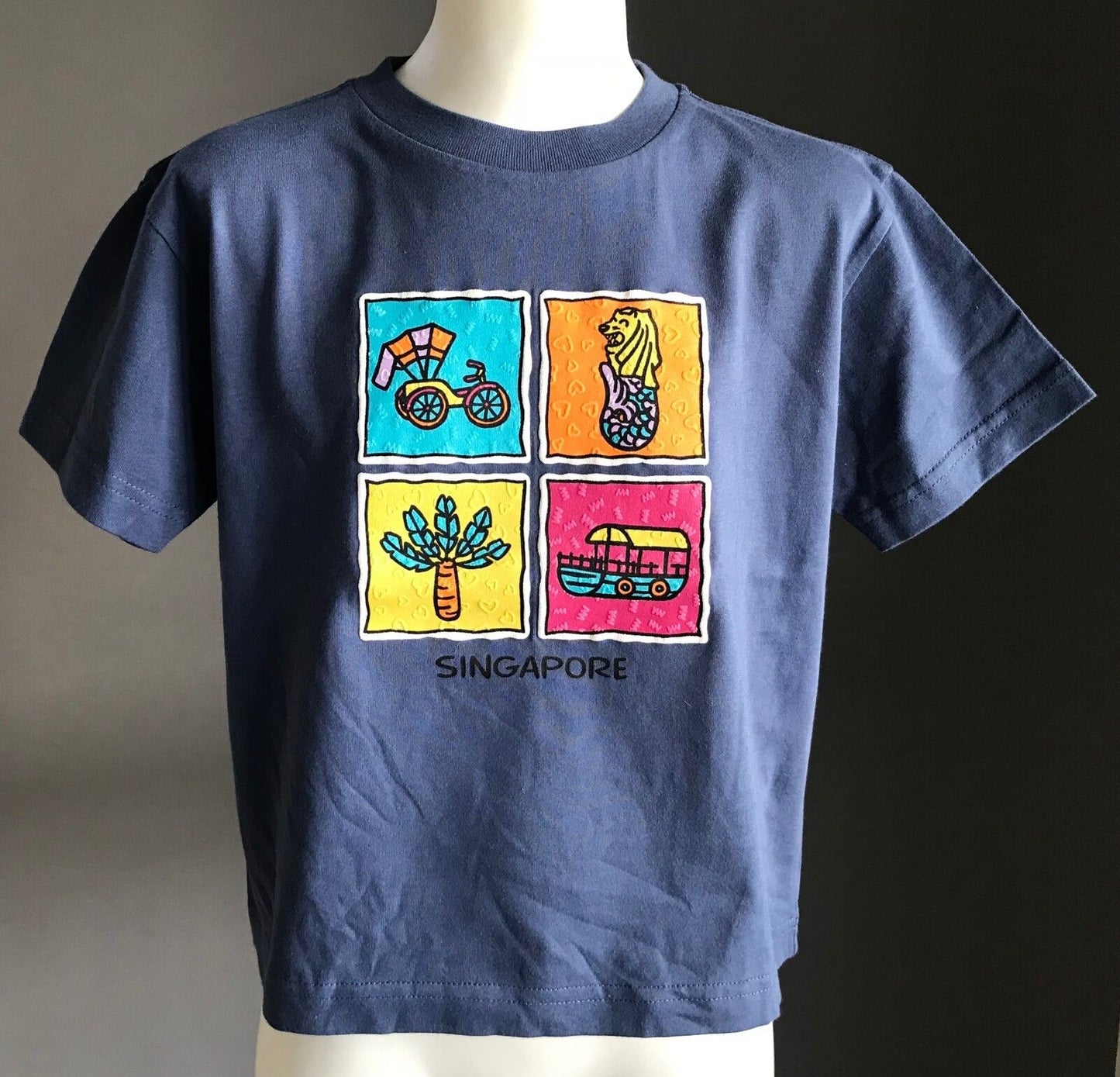 SINGAPORE Souvenir T Shirt Blue Print Short Sleeve Kids Size 10 Unisex Logo NEW