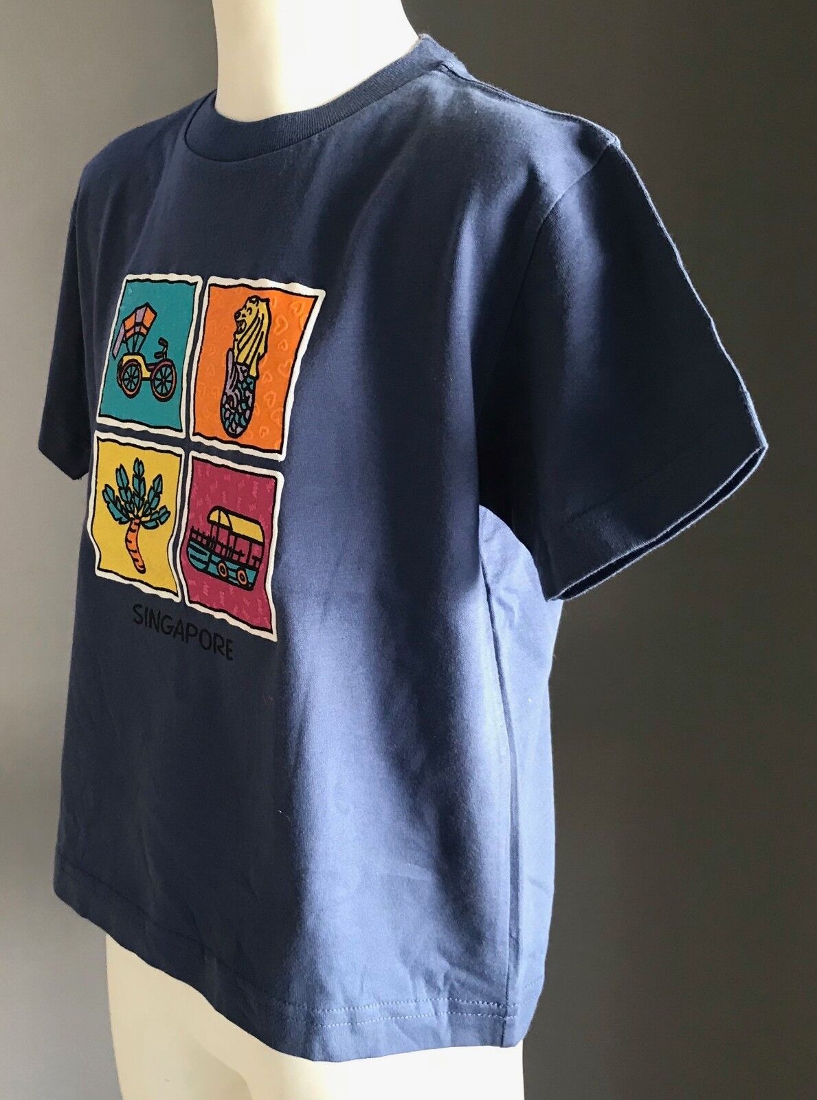 SINGAPORE Souvenir T Shirt Blue Print Short Sleeve Kids Size 10 Unisex Logo NEW