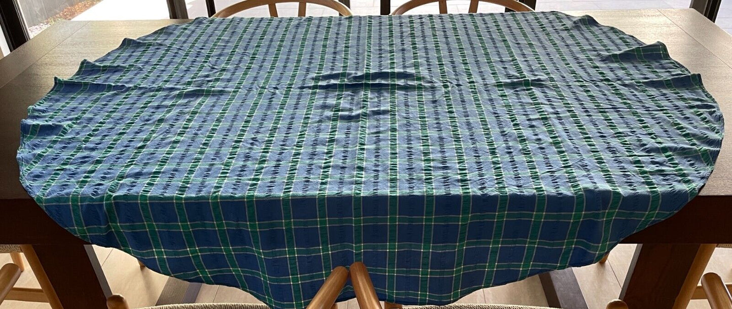 TABLE CLOTH Vintage Seersucker Picnic Oval Blue Green White Check 156 x 153cm