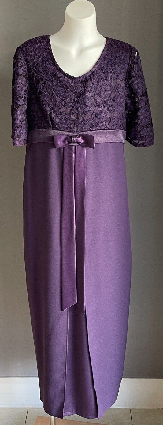Teen Girl Long Formal Purple A-Line Midi Gown Short Sleeve Lace Bodice 16 Years