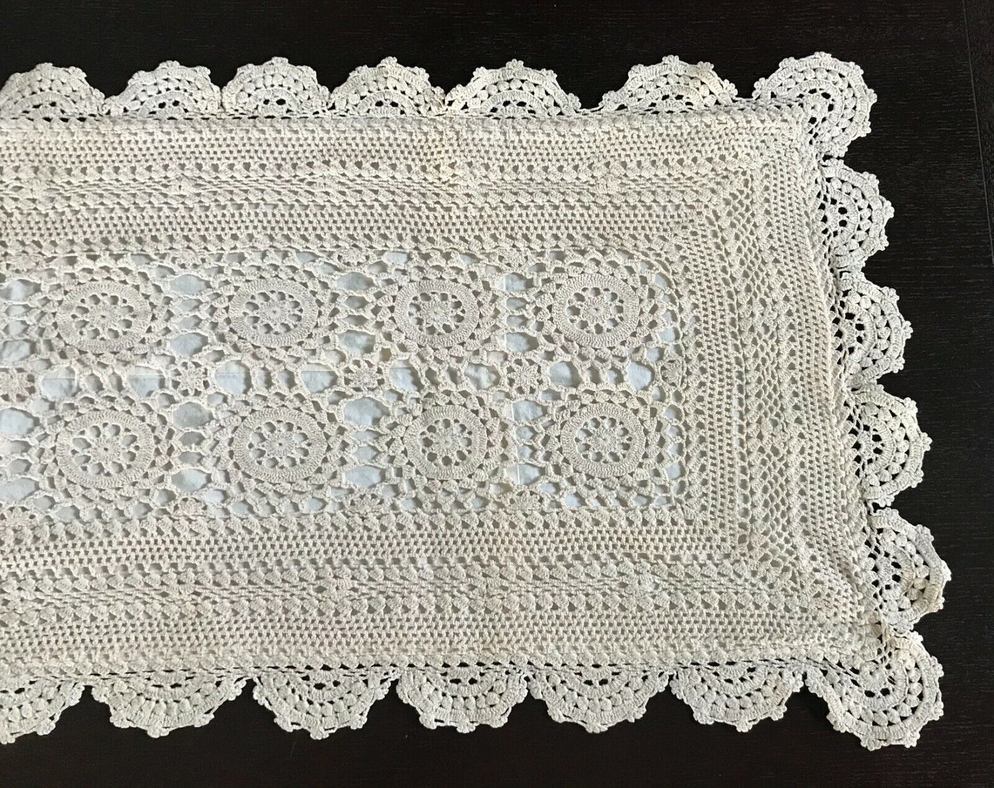 TABLE RUNNER Hand Crochet Lined Doily Rectangle Doilies 90.5 x 36cm Bone Colour