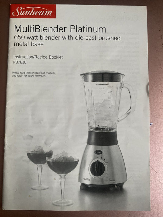 Sunbeam Multi Blender Platinum PB7610 Instruction Manual Only 2003 See Pics