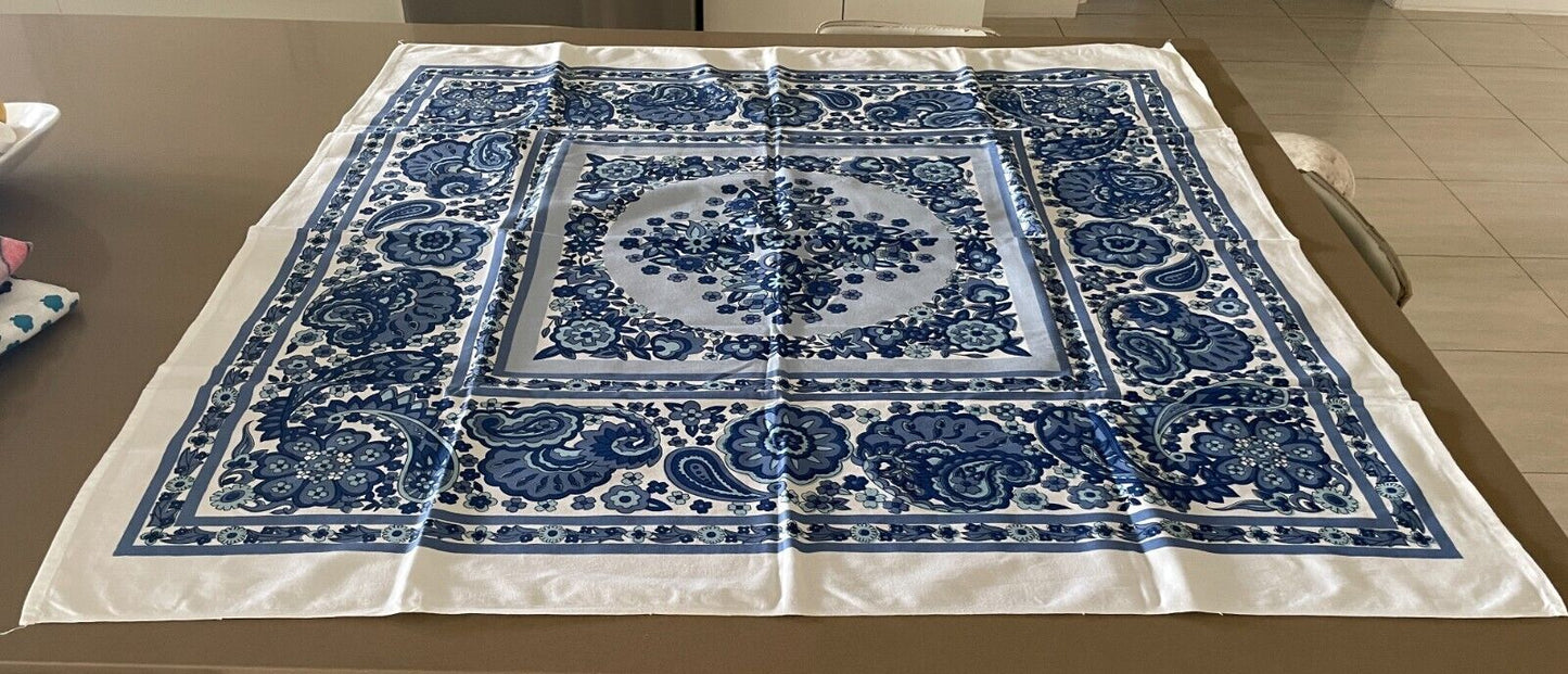 TABLE CLOTH Vintage 1960'S Cotton Blue & White Paisley Floral Print  124 x 124cm