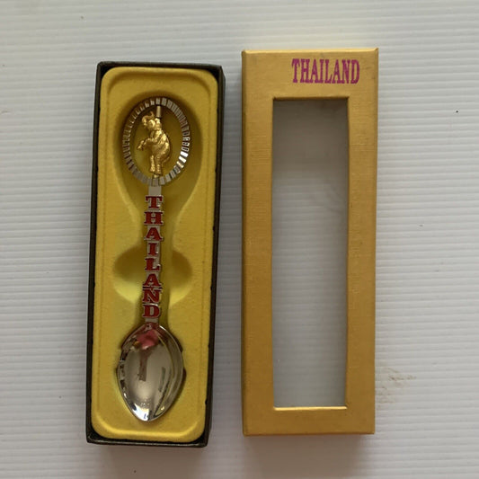 THAILAND Silver Gold Tone Elephant Travel Souvenir Tea Spoon Teaspoon Box NEW
